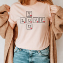 Large Peach Love You Letter Tiles Graphic Tee, Valentines Day I Love You Shirt 