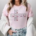 Large Pink Love You Letter Tiles Graphic Tee, Valentines Day I Love You Shirt 