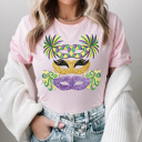 Large Pink Mardi Gras Masks Graphic Tee, Carnival Mask Tee, Fat Tuesday shirt