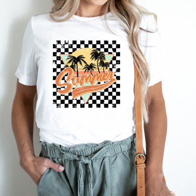 Summer Checkered Graphic Tee, Palm Tees Beach Shirt, Summer Sun Tee