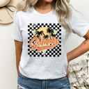 XXL Ash Gray Summer Checkered Graphic Tee, Palm Tees Beach Shirt, Summer Sun Tee