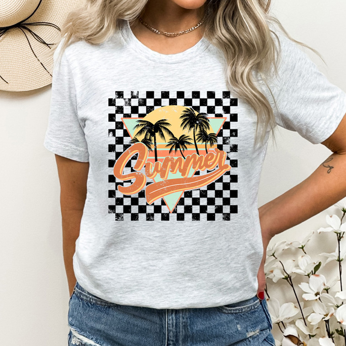 Summer Checkered Graphic Tee, Palm Tees Beach Shirt, Summer Sun Tee