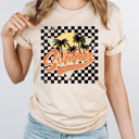 XXL Cream Summer Checkered Graphic Tee, Palm Tees Beach Shirt, Summer Sun Tee