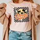 XXL Peach Summer Checkered Graphic Tee, Palm Tees Beach Shirt, Summer Sun Tee