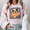 XXL Pink Summer Checkered Graphic Tee, Palm Tees Beach Shirt, Summer Sun Tee