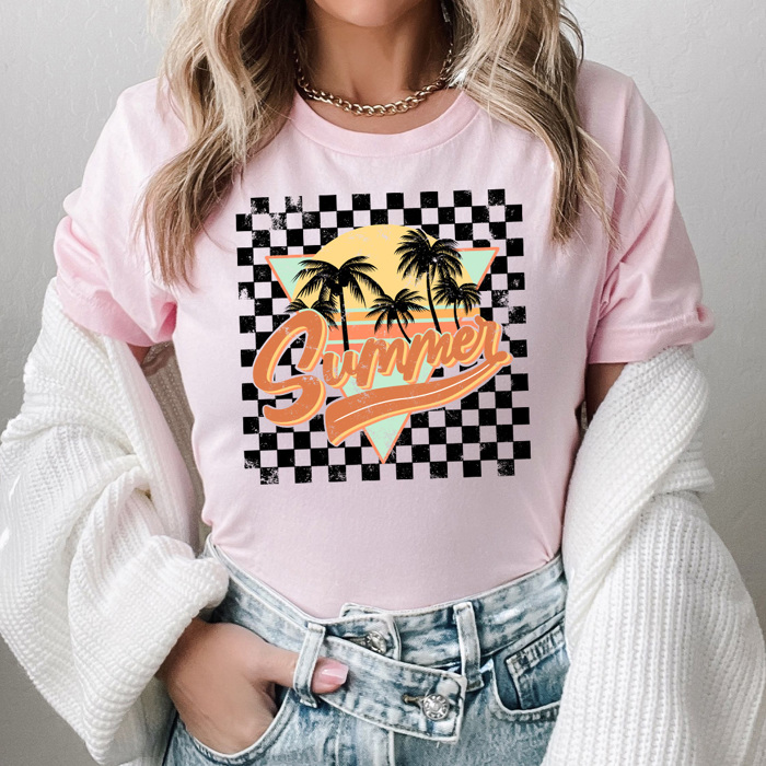 Summer Checkered Graphic Tee, Palm Tees Beach Shirt, Summer Sun Tee