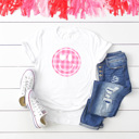  Pink Gingham Smiley Face Graphic Tee, Heart Eyes Shirt 