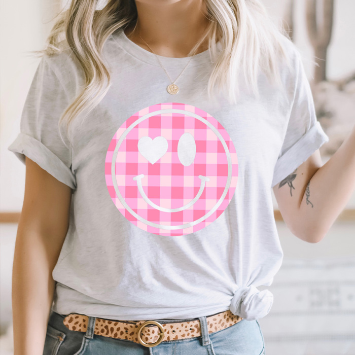 Pink Gingham Smiley Face Graphic Tee, Heart Eyes Shirt 