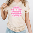 XXL Cream Pink Gingham Smiley Face Graphic Tee, Heart Eyes Shirt 