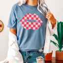 Large Blue Jean Checkered Lips Comfort Colors Tee, Valentines Pink Lips Graphic Tee, Galantines Shirt