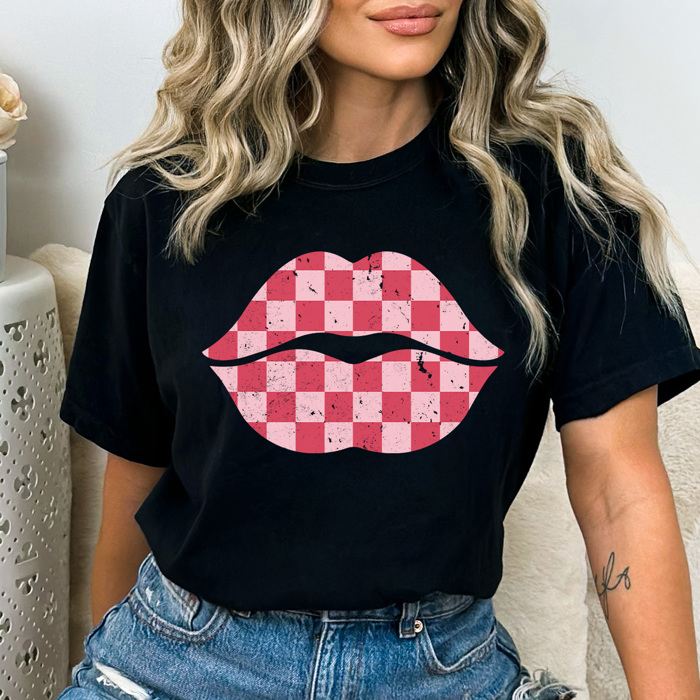 Checkered Lips Comfort Colors Tee, Valentines Pink Lips Graphic Tee, Galantines Shirt