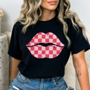 XL Black Checkered Lips Comfort Colors Tee, Valentines Pink Lips Graphic Tee, Galantines Shirt
