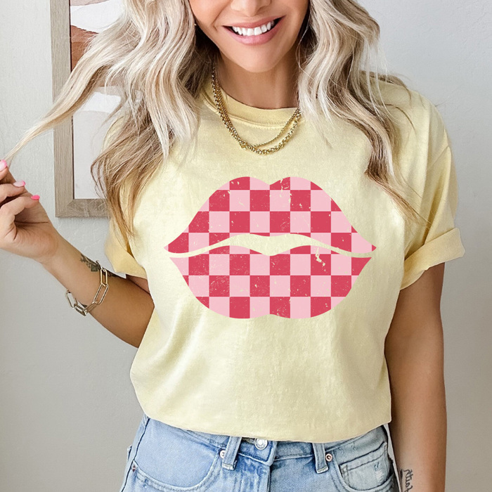 Checkered Lips Comfort Colors Tee, Valentines Pink Lips Graphic Tee, Galantines Shirt