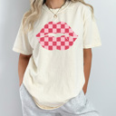 XXL Ivory Checkered Lips Comfort Colors Tee, Valentines Pink Lips Graphic Tee, Galantines Shirt