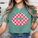 Large Light Green Checkered Lips Comfort Colors Tee, Valentines Pink Lips Graphic Tee, Galantines Shirt
