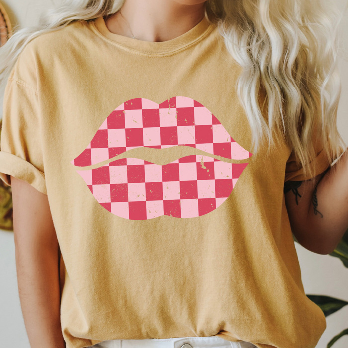 Checkered Lips Comfort Colors Tee, Valentines Pink Lips Graphic Tee, Galantines Shirt