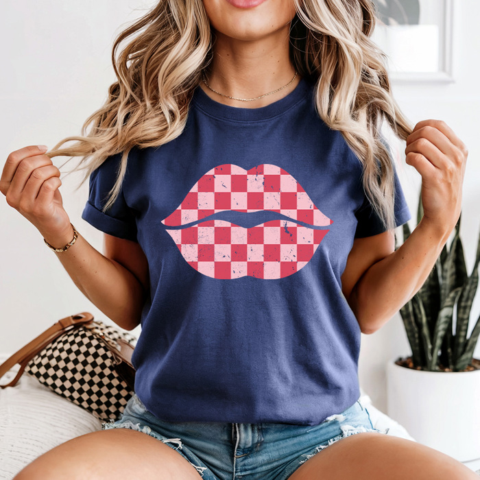 Checkered Lips Comfort Colors Tee, Valentines Pink Lips Graphic Tee, Galantines Shirt