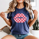 XL Navy Checkered Lips Comfort Colors Tee, Valentines Pink Lips Graphic Tee, Galantines Shirt