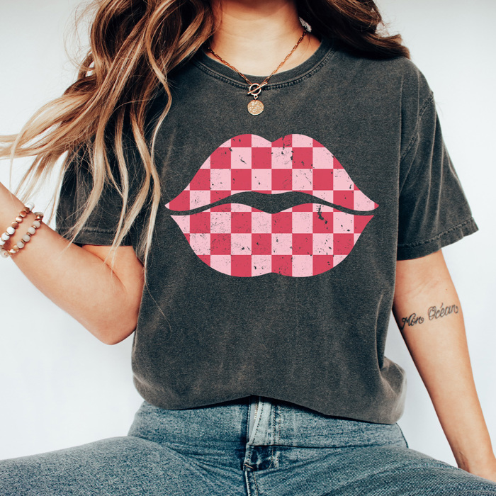 Checkered Lips Comfort Colors Tee, Valentines Pink Lips Graphic Tee, Galantines Shirt