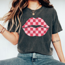 Large Pepper Checkered Lips Comfort Colors Tee, Valentines Pink Lips Graphic Tee, Galantines Shirt