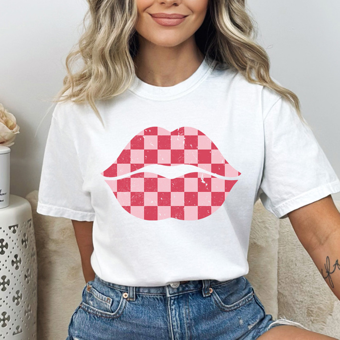 Checkered Lips Comfort Colors Tee, Valentines Pink Lips Graphic Tee, Galantines Shirt