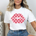 Medium White Checkered Lips Comfort Colors Tee, Valentines Pink Lips Graphic Tee, Galantines Shirt