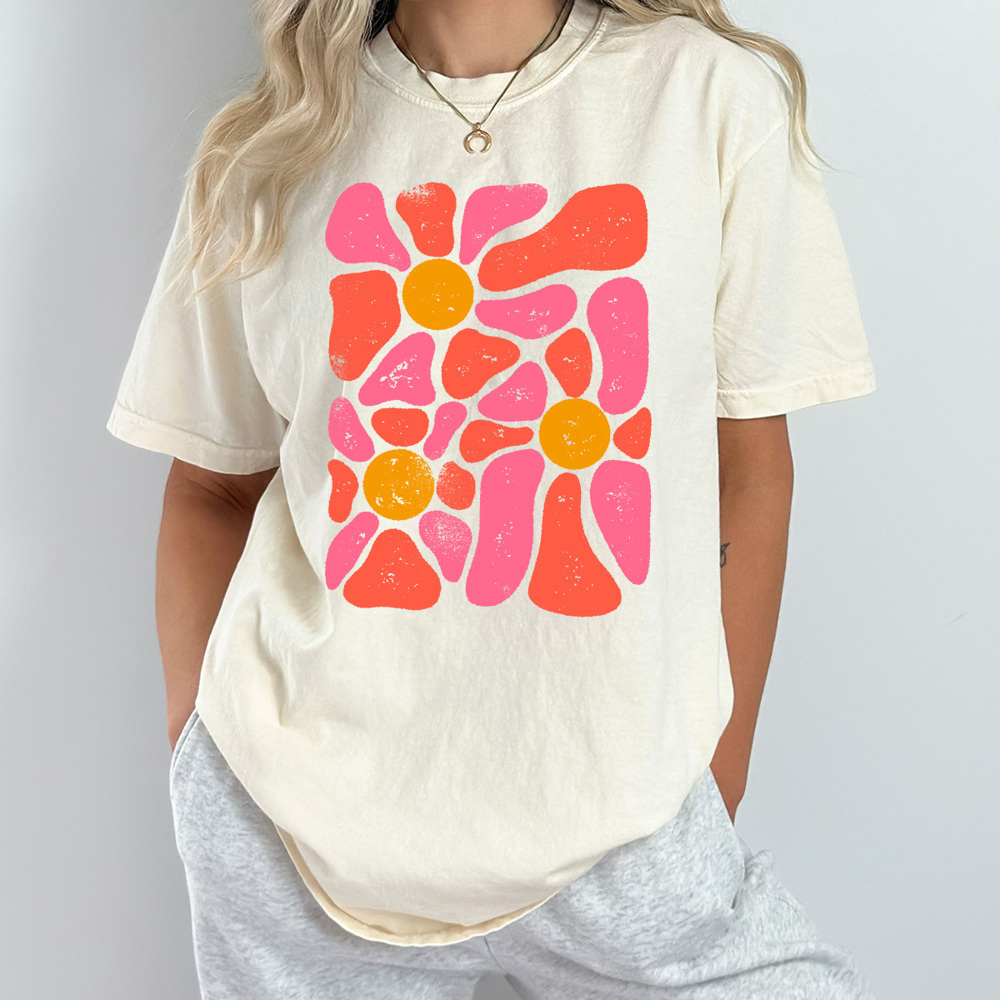 Boho Bright Floral Comfort Colors Tee, Pink Floral Shirt, Warped Flower Shirt 