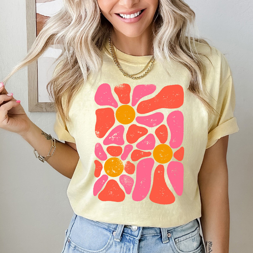 Boho Bright Floral Comfort Colors Tee, Pink Floral Shirt, Warped Flower Shirt 