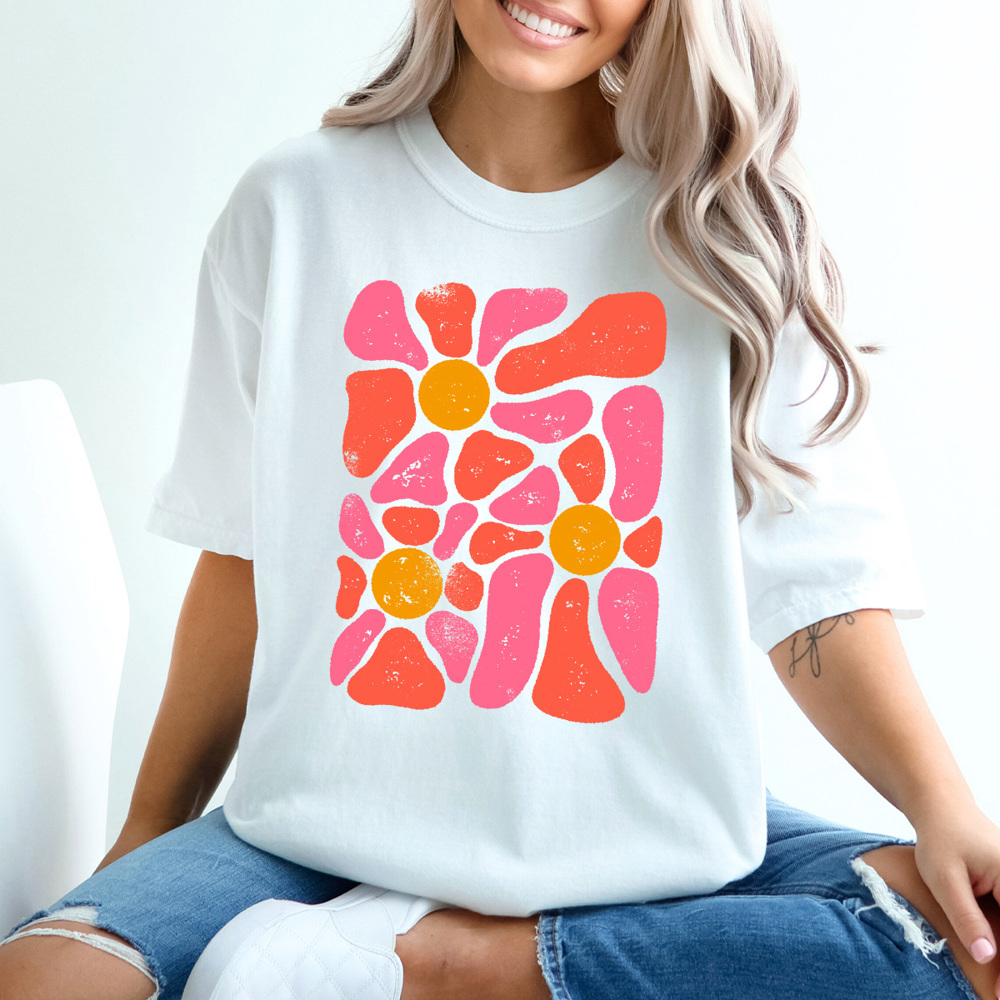 Boho Bright Floral Comfort Colors Tee, Pink Floral Shirt, Warped Flower Shirt 