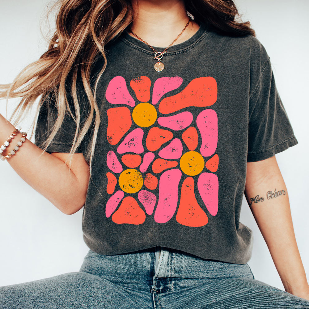 Boho Bright Floral Comfort Colors Tee, Pink Floral Shirt, Warped Flower Shirt 