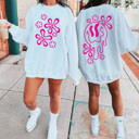 Medium White Melting Smiley Floral Double Sided Sweatshirt, Hot Pink Flowers Pullover 