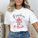XXL White Freedom Is Sweet Comfort Colors Tee, Patriotic Watermelon Character Shirt, 4th Of July Fire Works Tee
