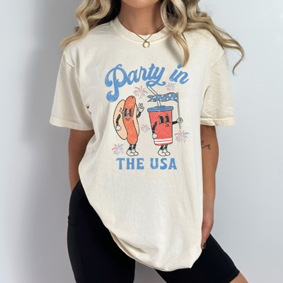 Party In The USA Comfort Colors Tee, Patriotic Hot Dog And Drink Characters Shirt, 4th Of July Tee 