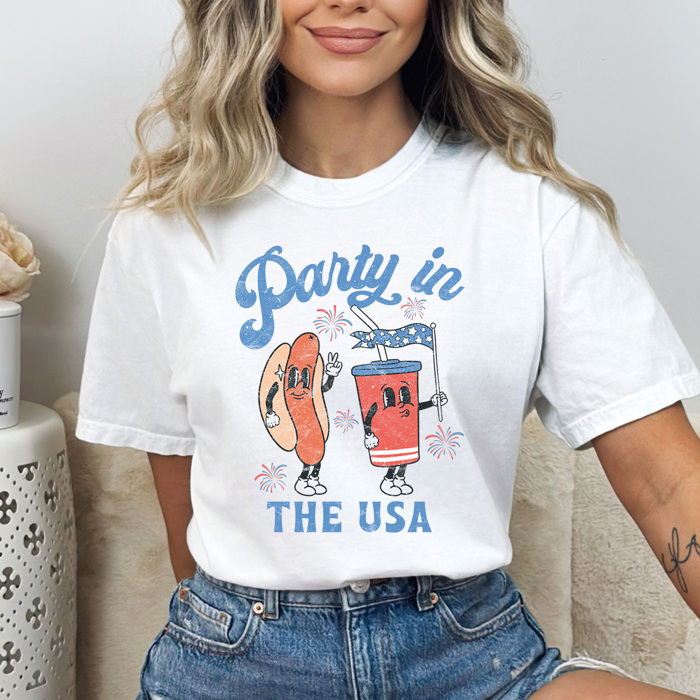 Party In The USA Comfort Colors Tee, Patriotic Hot Dog And Drink Characters Shirt, 4th Of July Tee 