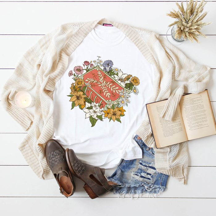 Flower Vintage Book Graphic Tee, Reading Floral Novel Shirt 