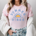 Large Pink Summer Vibes Sunshine Graphic Tee, Summer Beach Vacation Shirt, Summer Sun Tee