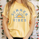 Large Yellow Summer Vibes Sunshine Graphic Tee, Summer Beach Vacation Shirt, Summer Sun Tee