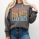 XL Charcoal Boat Waves Sun Rays Lake Days Fleece Sweatshirt, Summer Lake Pull Over, Boat Rides Sweatshirt