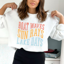 Medium White Boat Waves Sun Rays Lake Days Fleece Sweatshirt, Summer Lake Pull Over, Boat Rides Sweatshirt