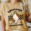 Medium Mustard I Ghost People All Year Round Comfot Colors Tee, Halloween Ghost Graphic Tee, Fall Trendy Ghost Printed Tee