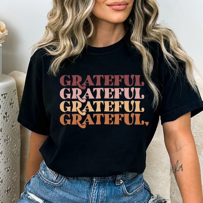 Grateful Stacked Comfort Colors Tee, Thankful Graphic Tee, Thanksgiving Printed Tee