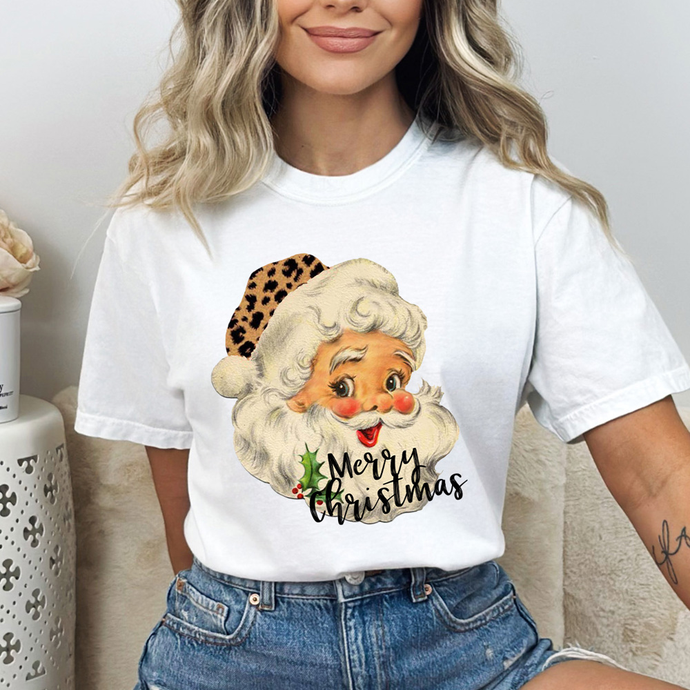 Leopard Santa Merry Christmas Comfort Colors Tee, Vintage Santa, Jolly