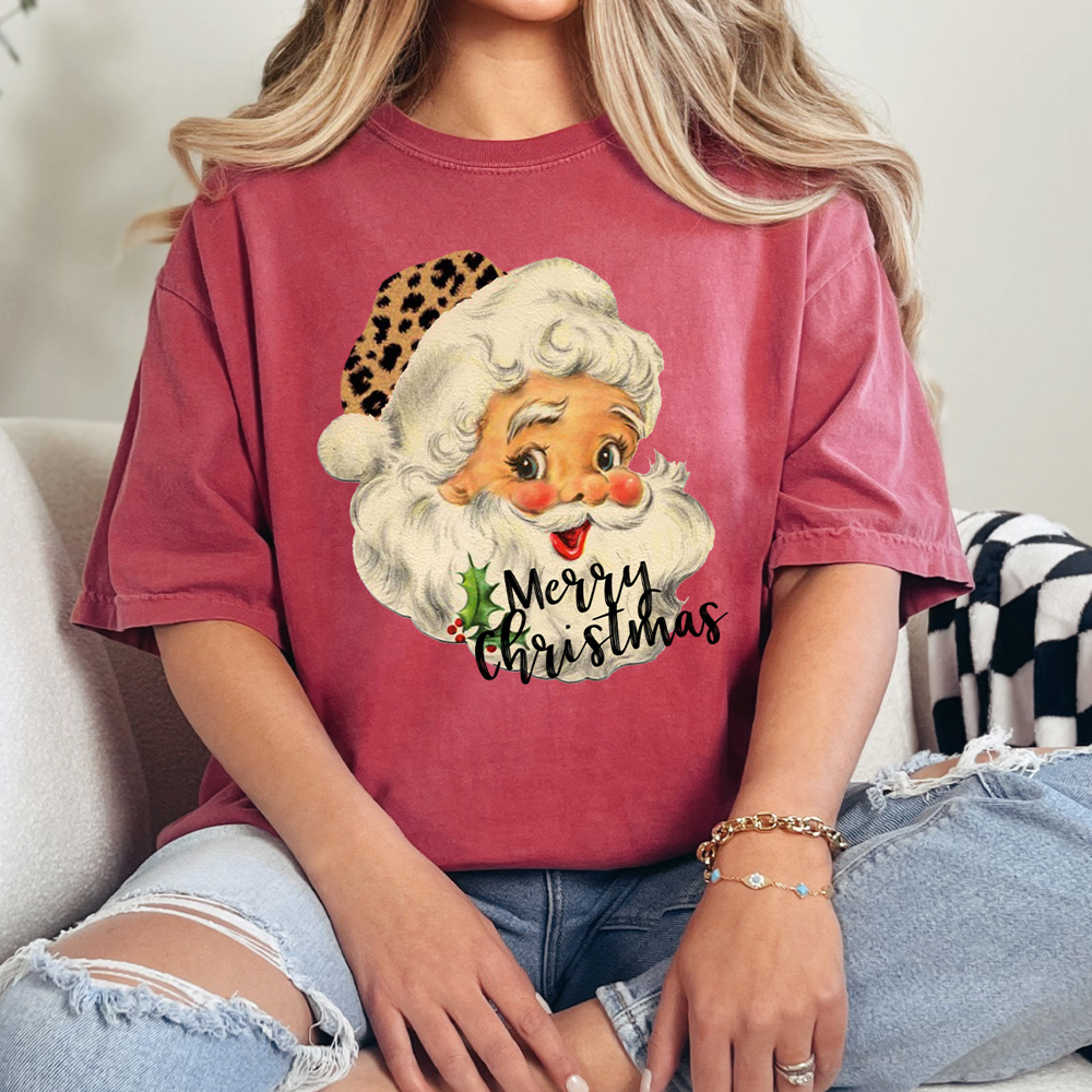 Leopard Santa Merry Christmas Comfort Colors Tee, Vintage Santa, Jolly