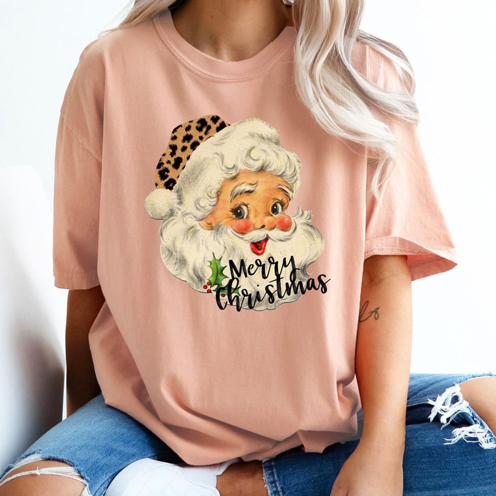 Leopard Santa Merry Christmas Comfort Colors Tee, Vintage Santa, Jolly