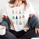 Medium White Boho Pastel Holiday Tree Grid Graphic Tee, Christmas Trees Shirt 