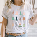  Boho Pastel Holiday Tree Grid Graphic Tee, Christmas Trees Shirt 