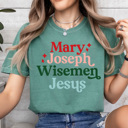 Large Light Green Mary Joseph Wisemen Jesus Comfort Colors Tee, Jesus Birth Shirt, Christmas Holiday Graphic Tee