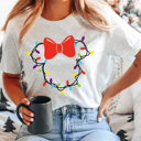 Large Ash Gray Christmas Light Girl Mouse Graphic Tee, Theme Park Holiday Graphic, Christmas Mouse Shirt