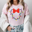 Medium Pink Christmas Light Girl Mouse Graphic Tee, Theme Park Holiday Graphic, Christmas Mouse Shirt