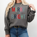 Medium Red Merry + Bright Fleece Sweatshirt, Christmas Pullover, Holiday Graphic 